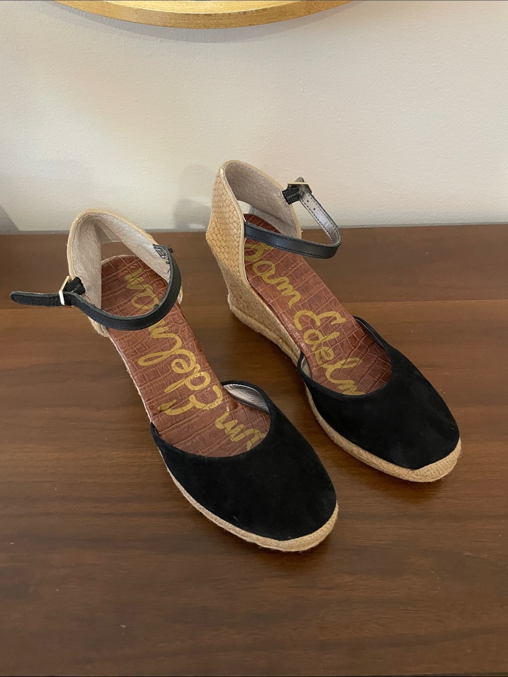 Sam Edelman Black Suede Ankle-Strap Espadrille Wedges